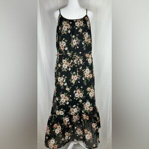 Old Navy Black floral Maxi Dress Petite Large Spaghetti Strap Tie Waist